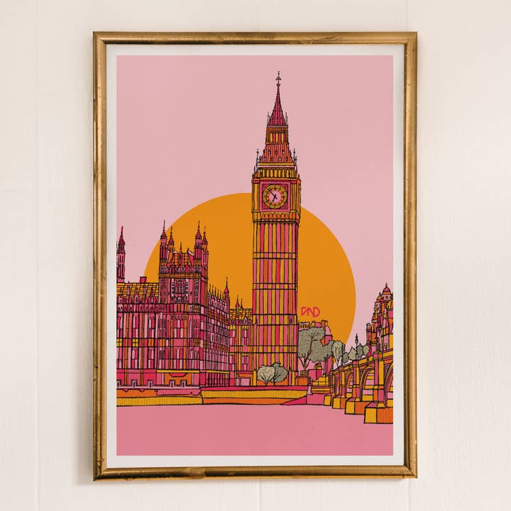 Pink & Orange London Art Print- Souvenir Big Ben Artwork for wholesale by Freya Niamh