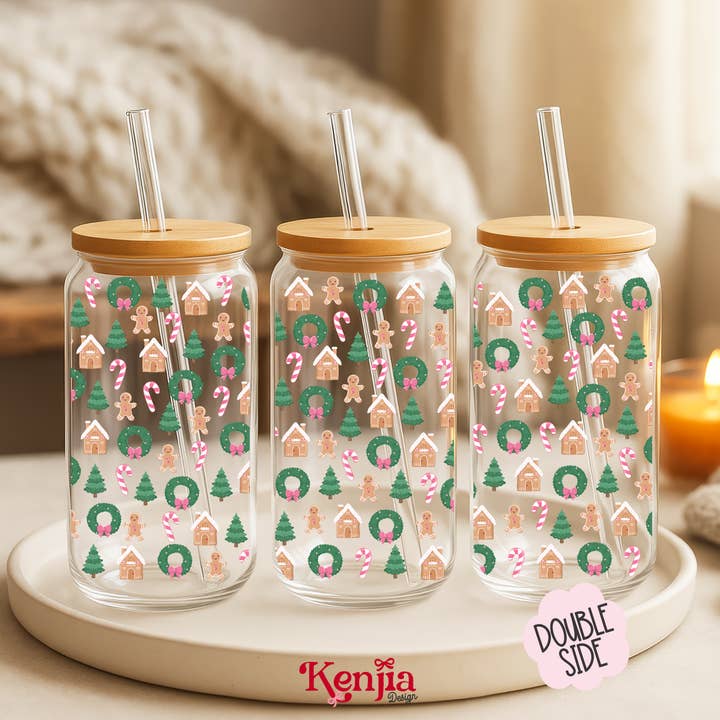 Kenjia Design - Wholesale Drinking Glass/Cup - Christmas Gingerbread 16 OZ Glass Can With Lid & Straw 4