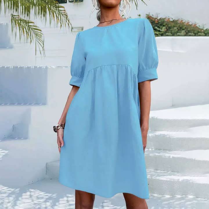 ROBE BOUTONNÉE À COL ROND ET MANCHES À BULLES _CWDSD2627 pour la vente par Lily Clothing