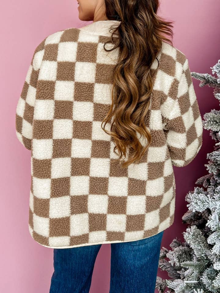 Brown Checkered Sherpa Buttoned Front Chunky Jacket for wholesale on Faire1