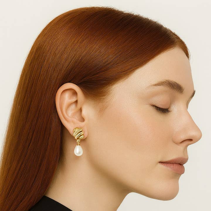 Sculptural Gold Pearl Drop Earrings
for wholesale by Gabi Rielle Jewelry