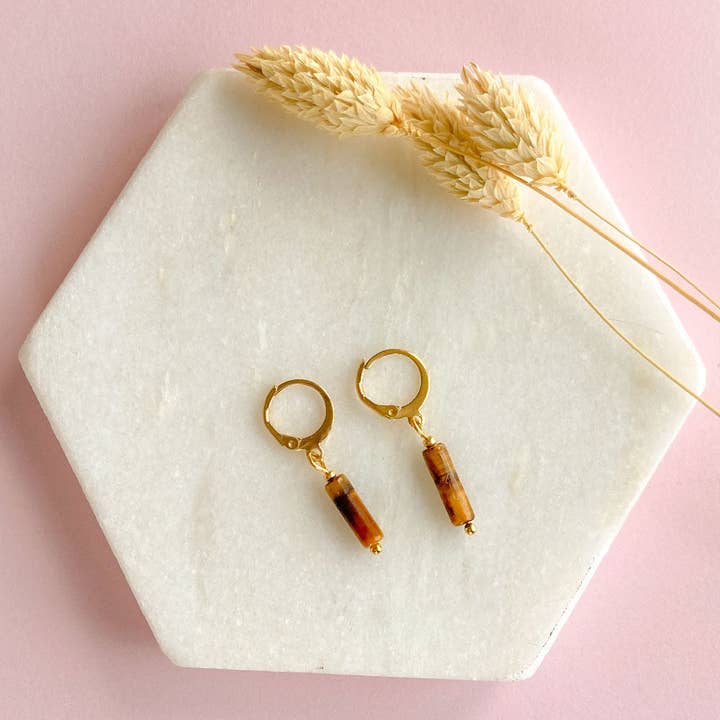 Tiger eye tube earrings gold for wholesale by Mystic Jewelry