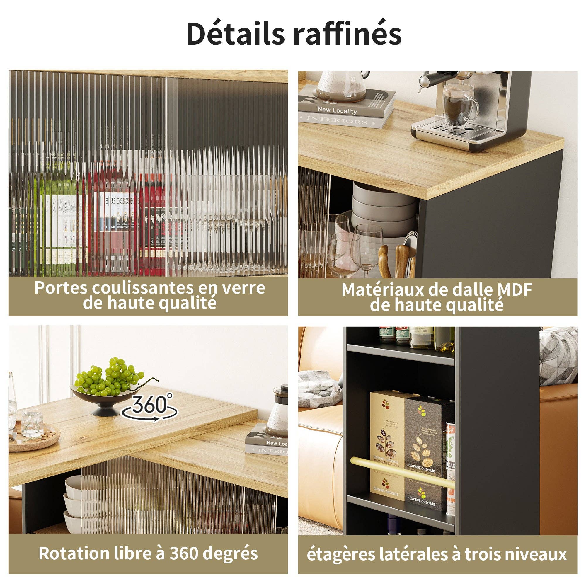 Urban Meuble - Wholesale Sideboard - Wood-effect and black bar table with 360° swivel storage and corrugated glass TINPLATE8