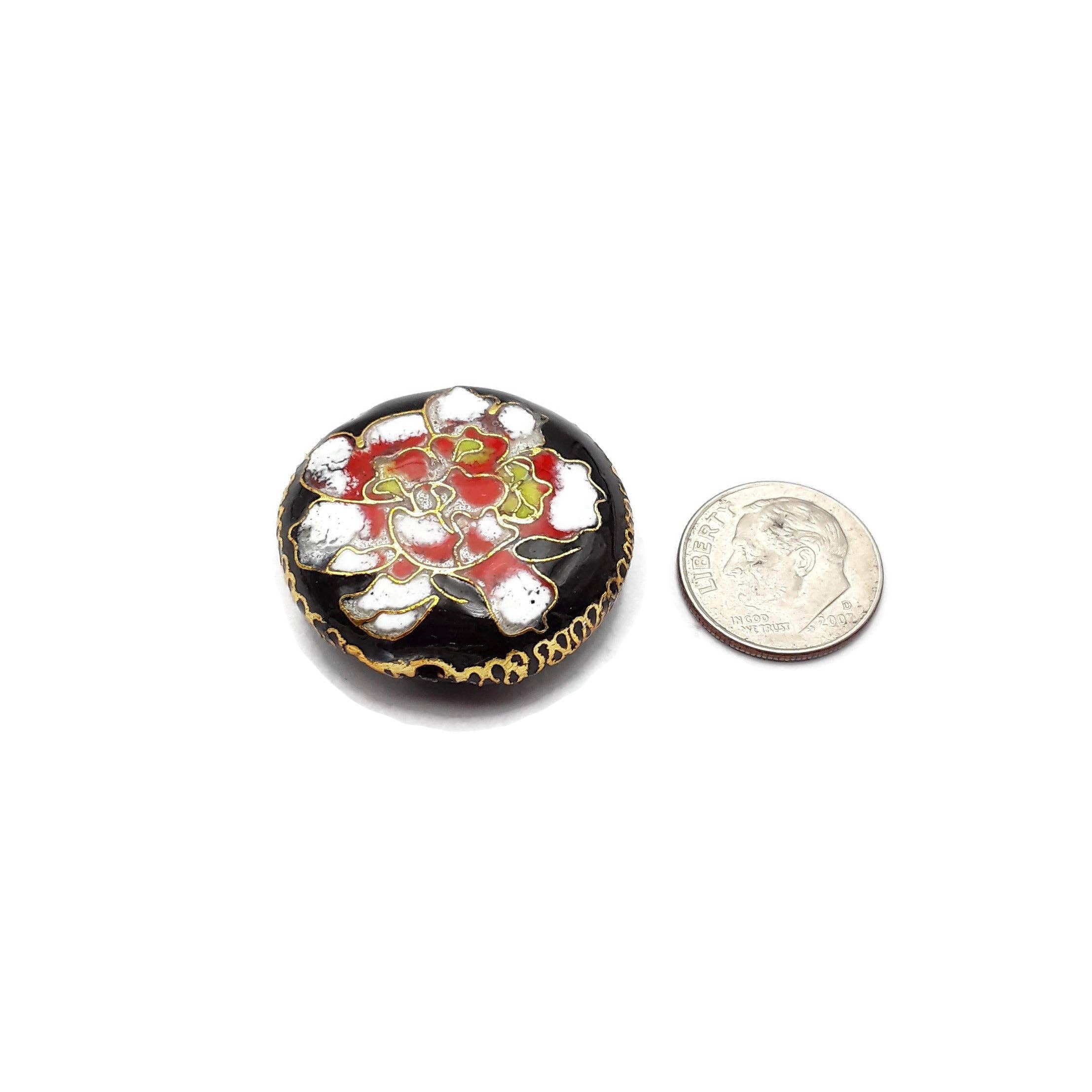 CRCBEADS - Wholesale Individual Charm/Pendant - Vintage Cloisonne Black White Flower Handmade Flat Round Single Bead 28mm1