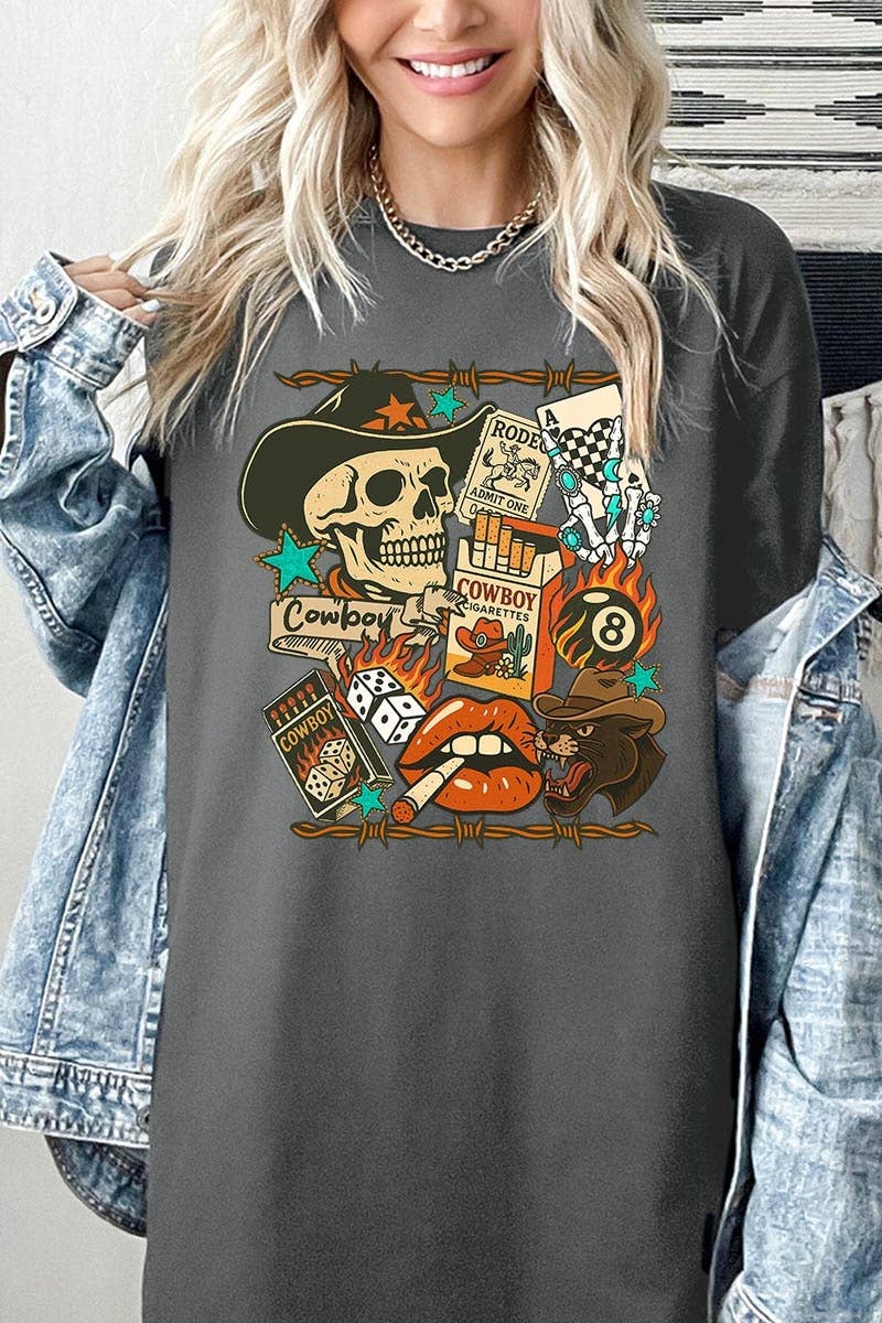 COLORBEAR - Vendita all'ingrosso Maglietta stampata - Donna - Maglietta in Cotone Pesante con Grafica Collage Western Vintage14