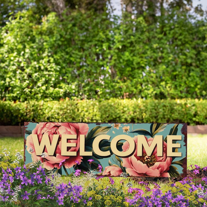 TX USA Corporation - Vendita all'ingrosso Paletti da giardino/prato - Palo da giardino di benvenuto con peonia estiva | Insegna da esterno in stile rustico 36 pollici5
