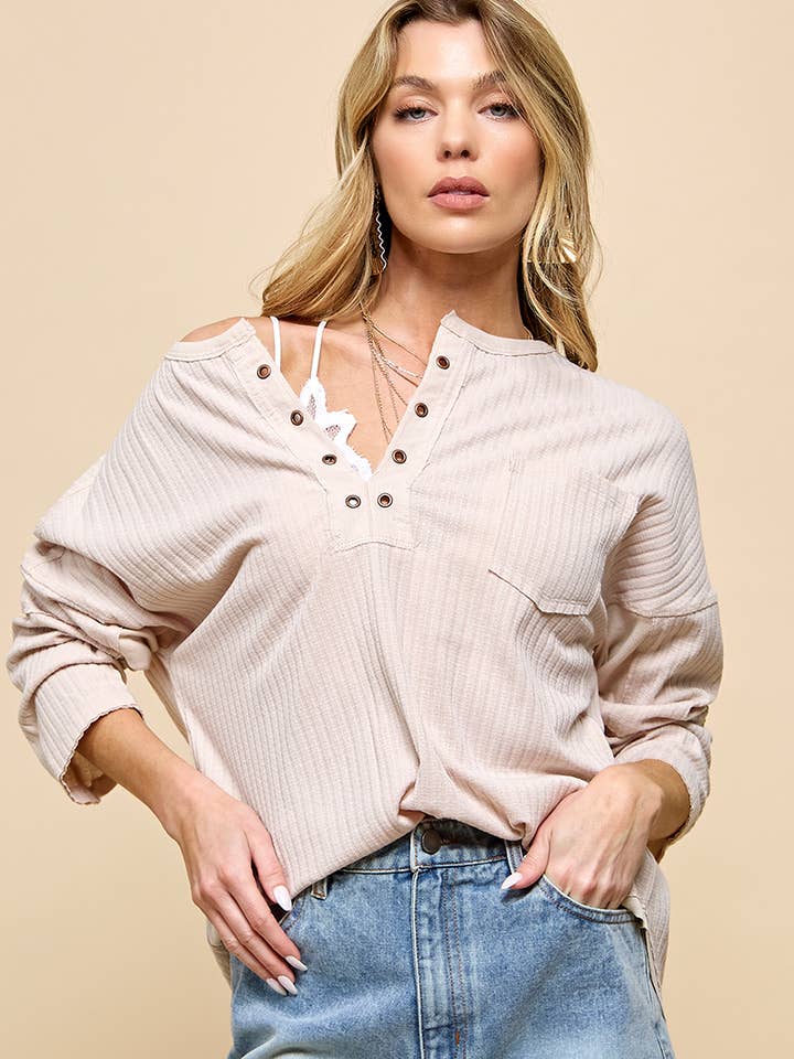V NECK BUTTON LONG SLEEVE POCKET TOP for wholesale by Cezele