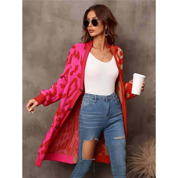 Mirazshoes WholeSale - Wholesale Cardigan - Women's - Contrast Color Leopard Buttoned Midi Knitted Cardigan Outerwear2