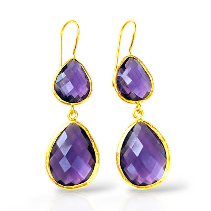 Orecchini a Doppia Pietra di Ametista | Placcati in Oro per la vendita all'ingrosso da parte di ZEYZEY