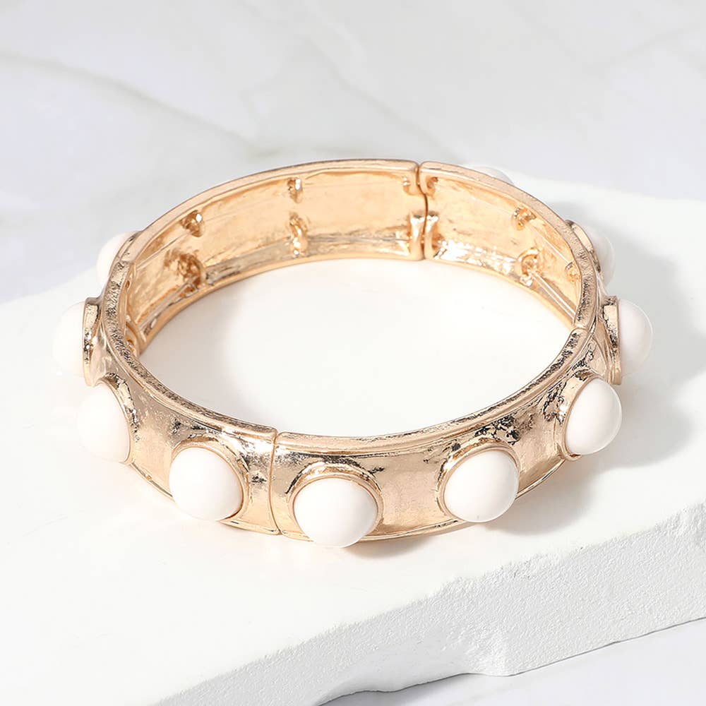 Sensibling Corp. - Wholesale Bangle Bracelet - Bead Pearl Embellished Hammered Metal Stretch Bracelet0