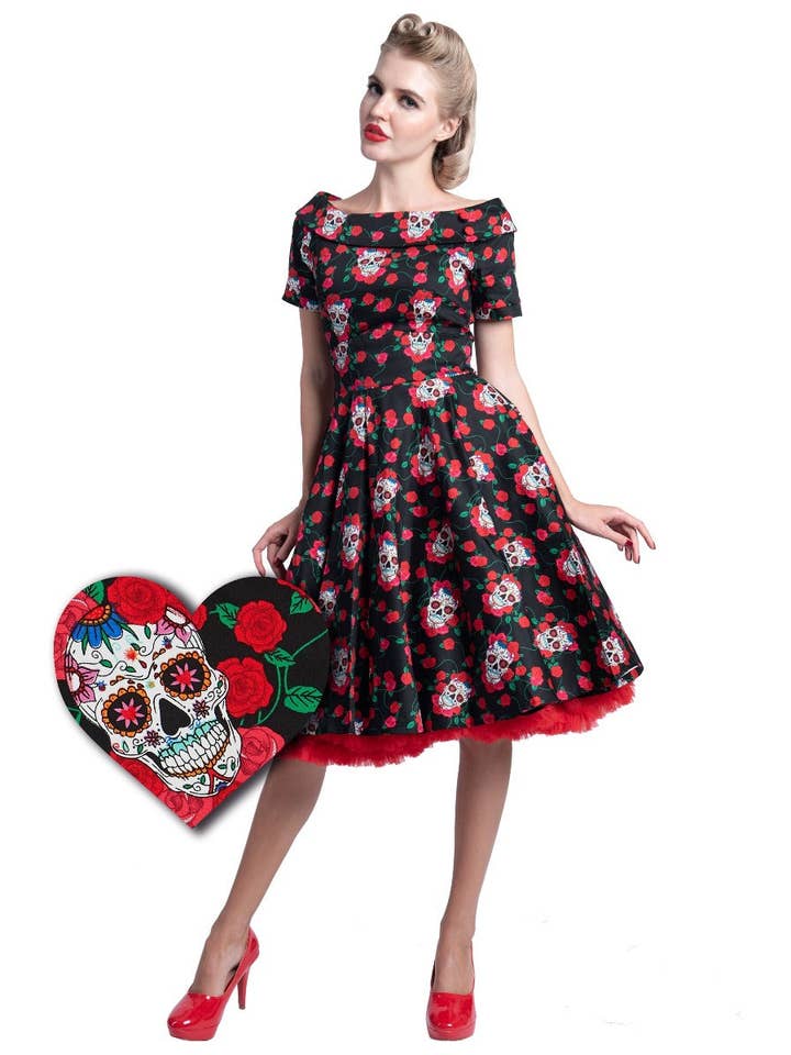 Dolly & Dotty - Wholesale Dress - Women's - Rockabilly Skulls & Roses Darlene Swing Dress