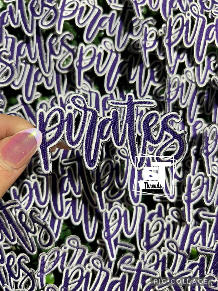 Purple Cursive Pirates....Cap Patches Only for wholesale by 6j Threads LLC
