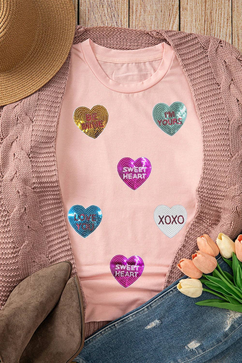 Pink Sequin Valentines Lettering Heart Patched Crewneck T Shirt for wholesale on Faire1