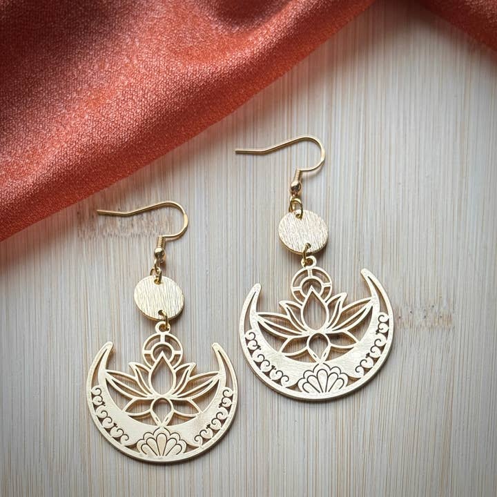 Lotus Crescent Moon Celestial Witchy Earrings for wholesale by Monstera Earrings