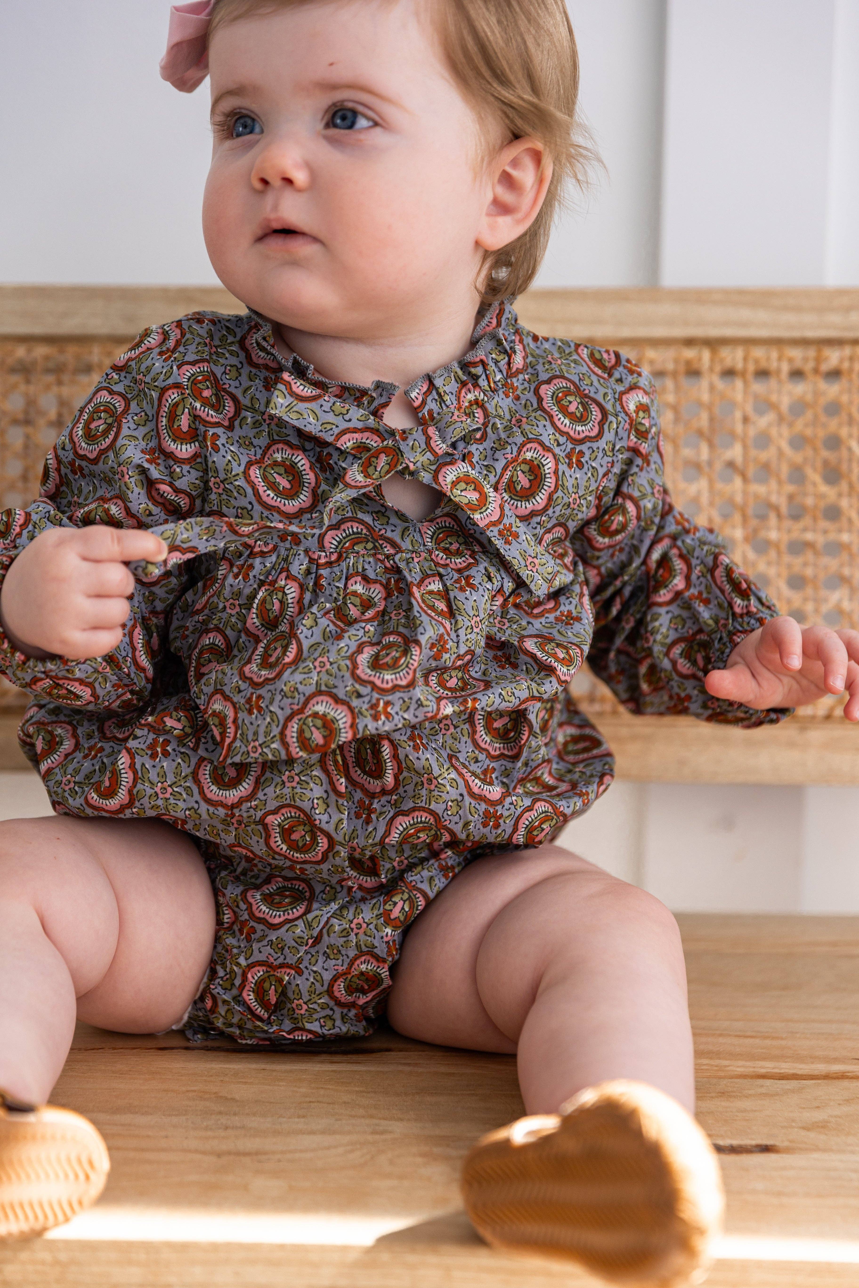 Yo Baby - Wholesale Jumpsuit - Baby - Grey Floral Printed Long Sleeve Baby Romper3