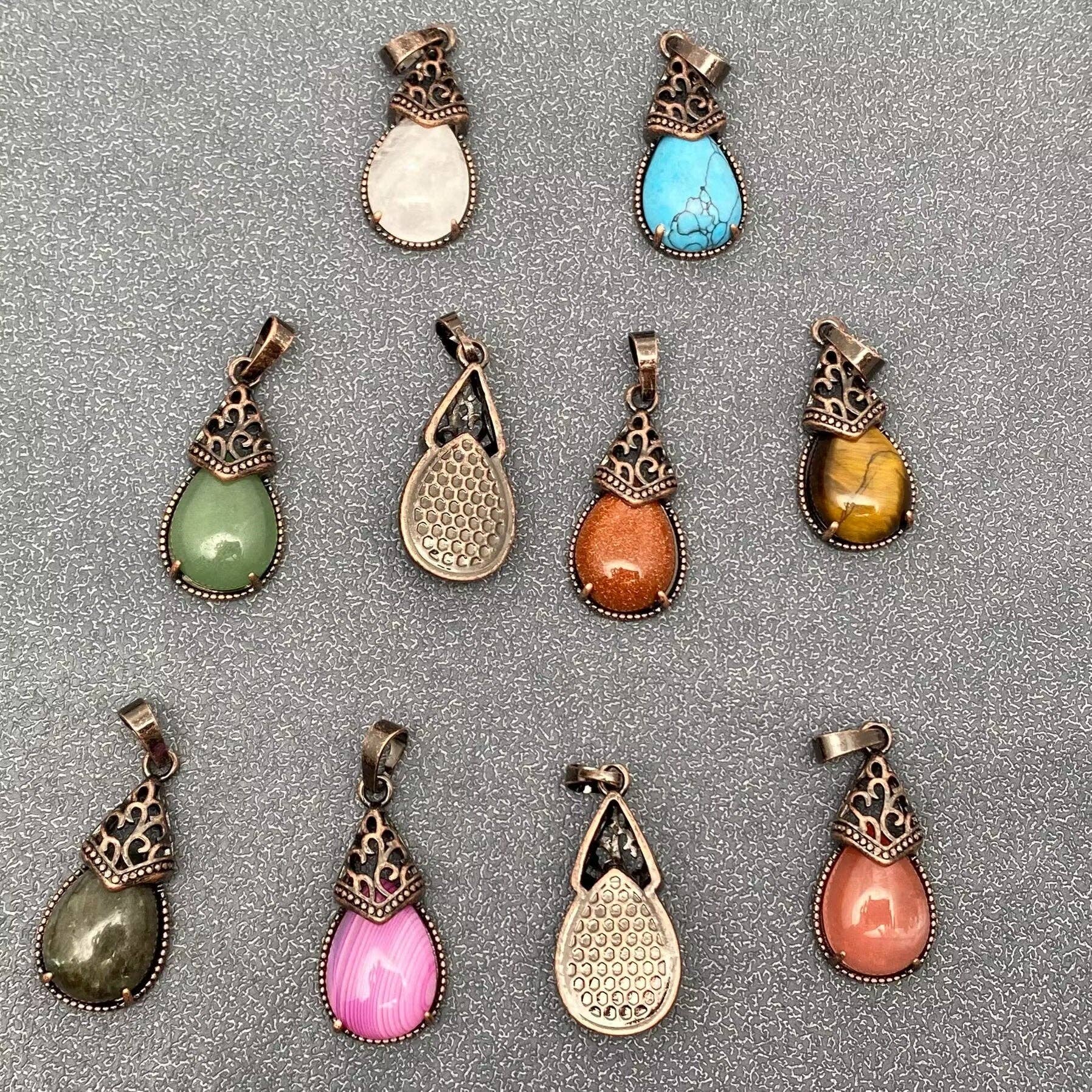 Mio Queena - Wholesale Individual Charm/Pendant - Drop-shaped Natural Stone Bronze Charms (Single Pendant) -CS29