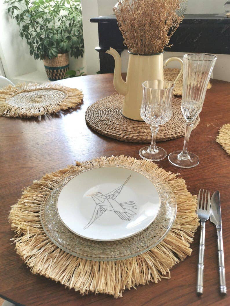 HandmadeBestSeller – wholesale Placemat – Round raffia table set with fringes Moroccan1