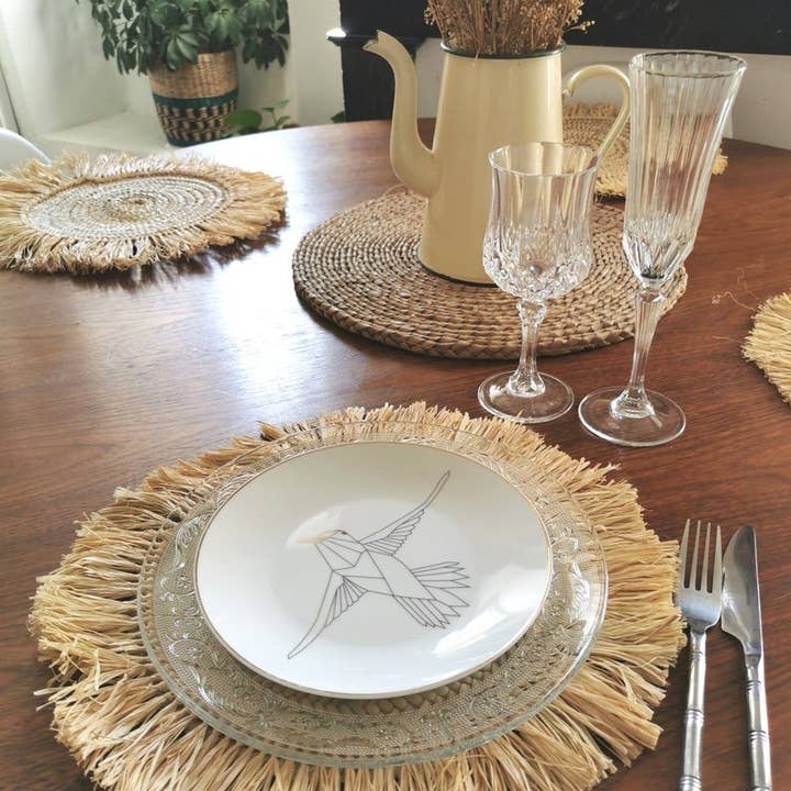 HandmadeBestSeller – wholesale Placemat – Round raffia table set with fringes Moroccan1
