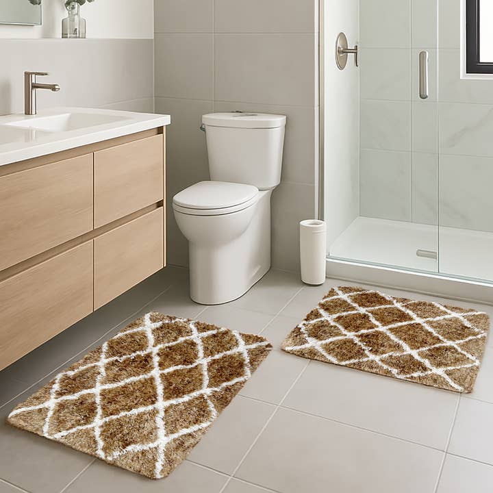 Beige 2 Piece Plush Thick Soft Cozy Microfiber Bath Mat for wholesale by home mart goods