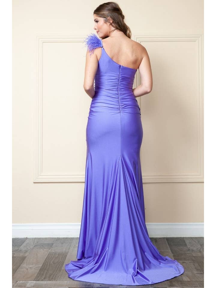 POLY USA - Wholesale Gown – Women's - 9068- One shoulder Feather detail Spandex Dress2