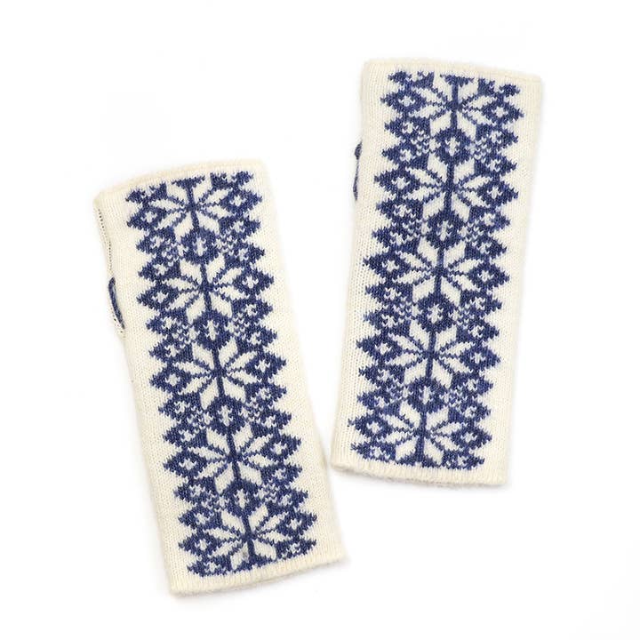 Blue and Cream Scandi Starflower Wrist Warmers
for wholesale by Peace Of Mind