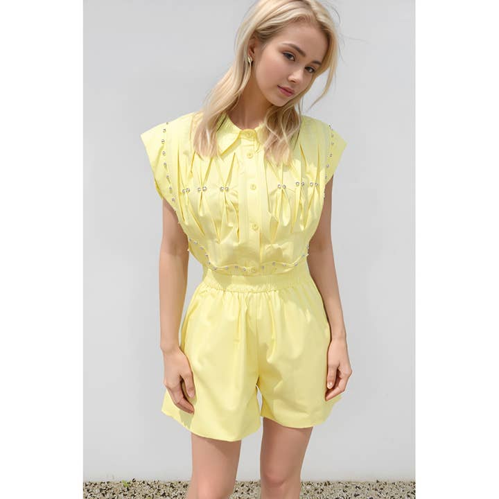 Pleated Pearl Detail Shirt and Shorts Set for wholesale by XHHH Inc