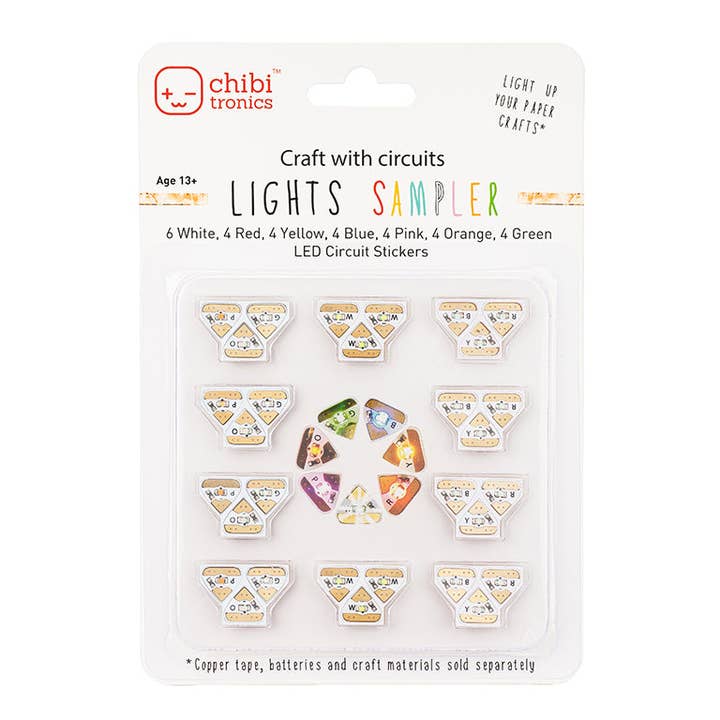 Lights Sampler MegaPack (30 LED Stickers) Red, Yellow, Blue, Pink, Orange, Green and White for wholesale by Chibitronics