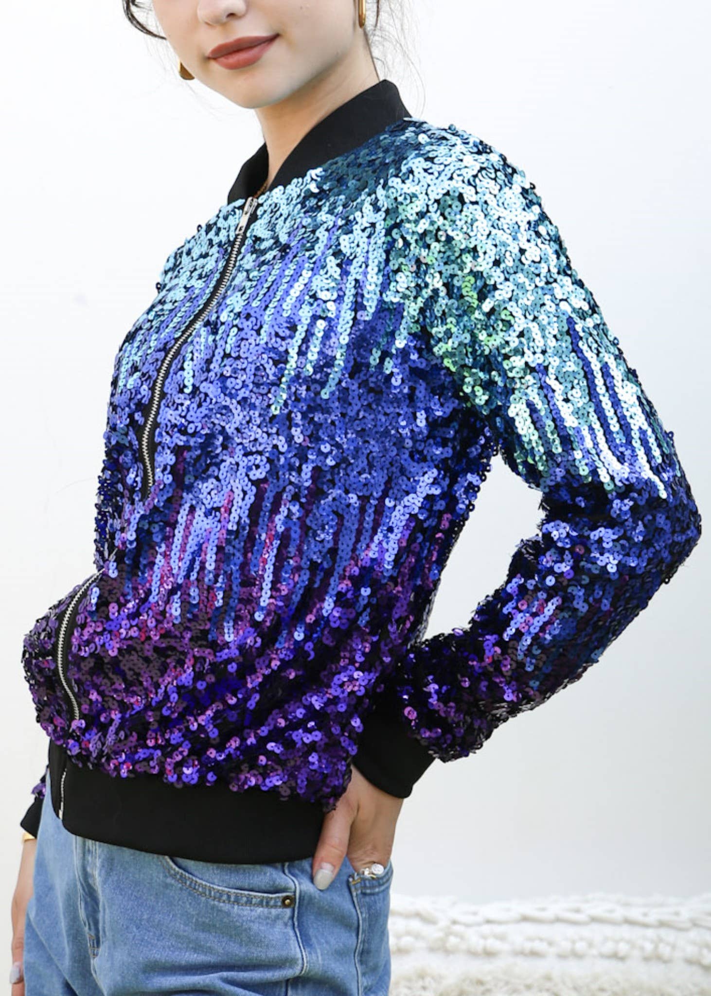 Anna Kaci Wholesale - Wholesale Varsity/Baseball Jacket - Women's - Striped Metallic Sequin Varsity Jacket47