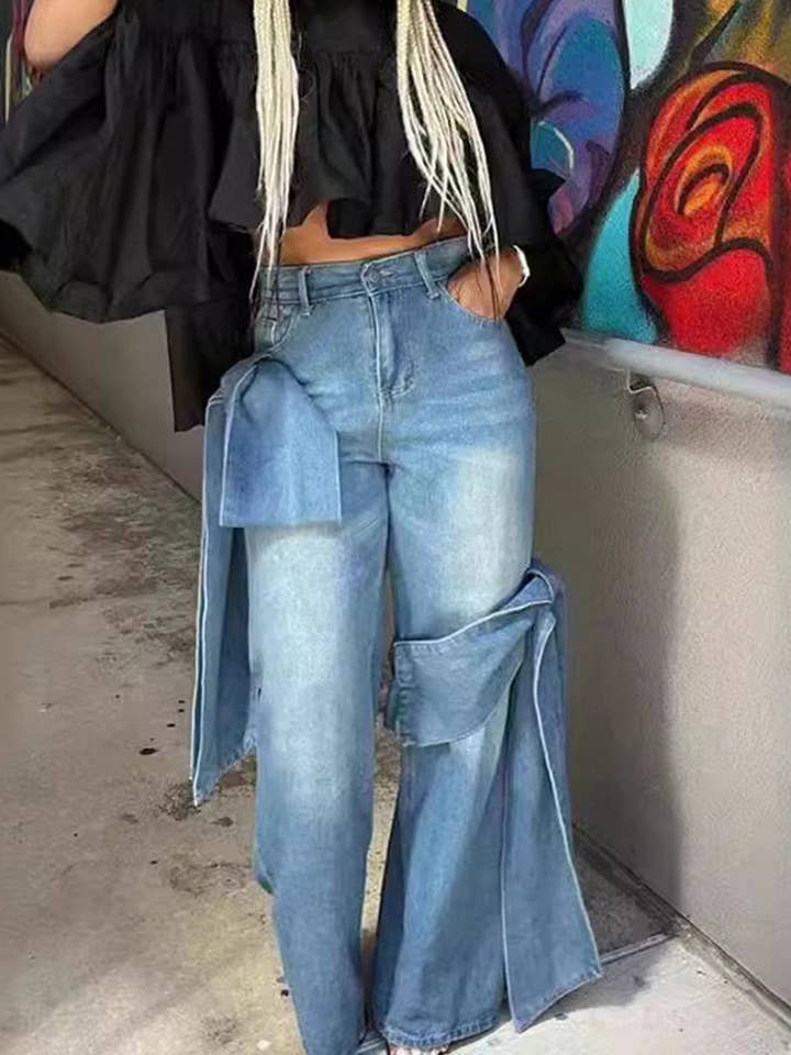 Blue Patchwork Bow Detail Wide Leg Jeans for wholesale on Faire1
