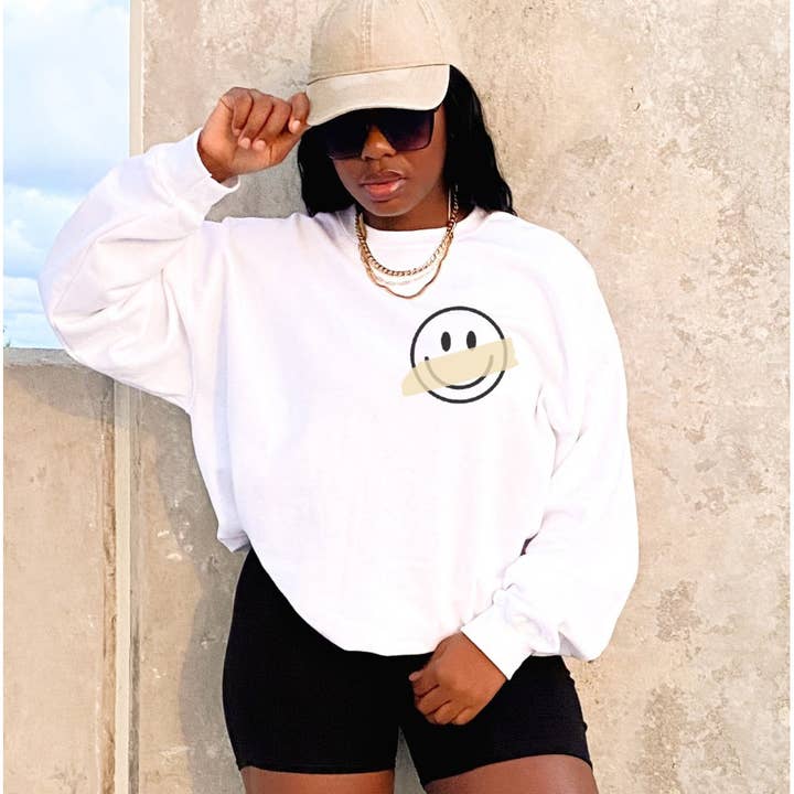 HAPPY SMILEY FACE TAPE fleecetrui met grafische print, uniseks voor wholesale door Shamaim