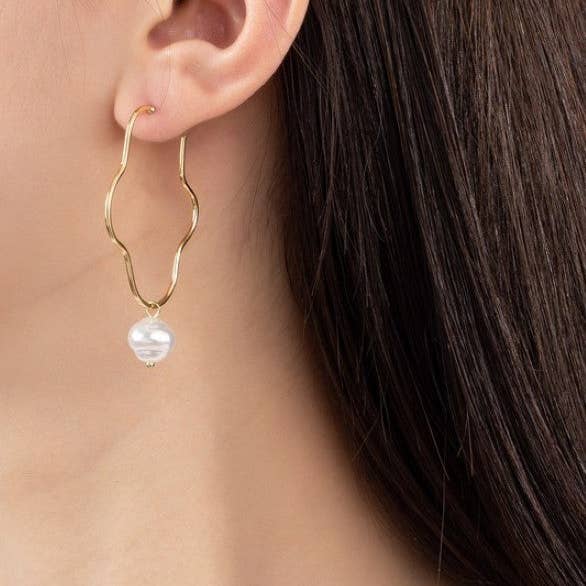 Gold Organic Shape Hoop Earrings w/Pearl Drop for wholesale on Faire