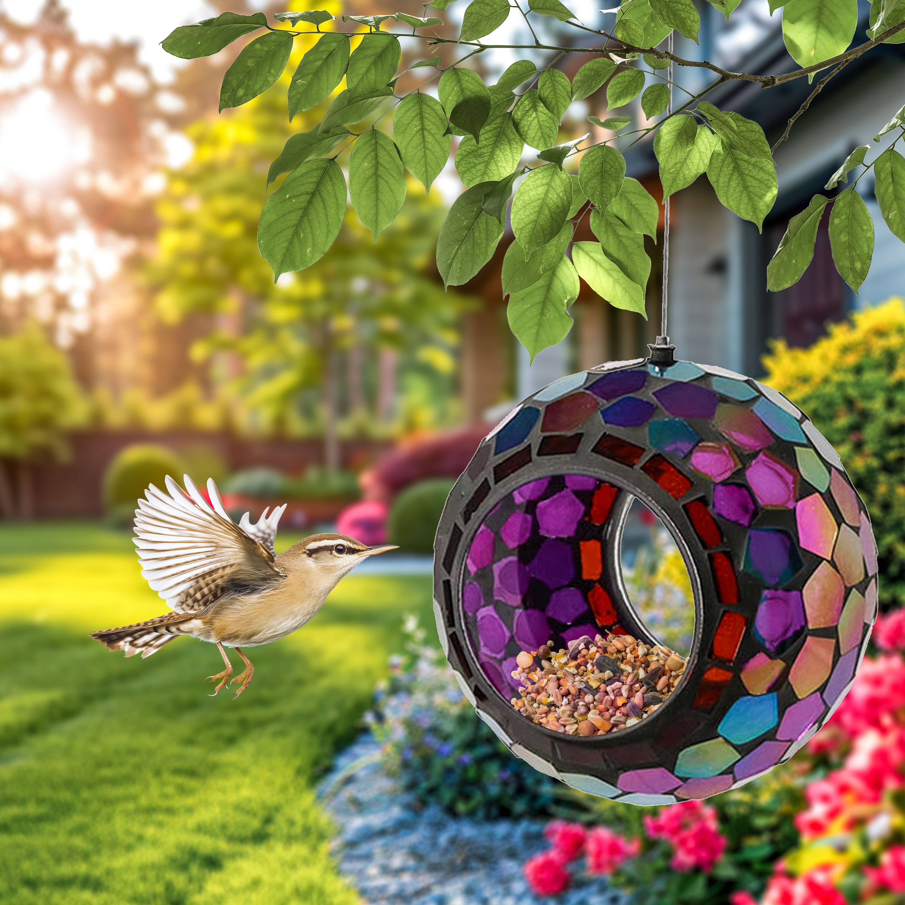 Sunnydaze Decor - Wholesale Bird Feeder - Round Mosaic Fly-Through Hanging Bird Feeder - 6 in - Purple12