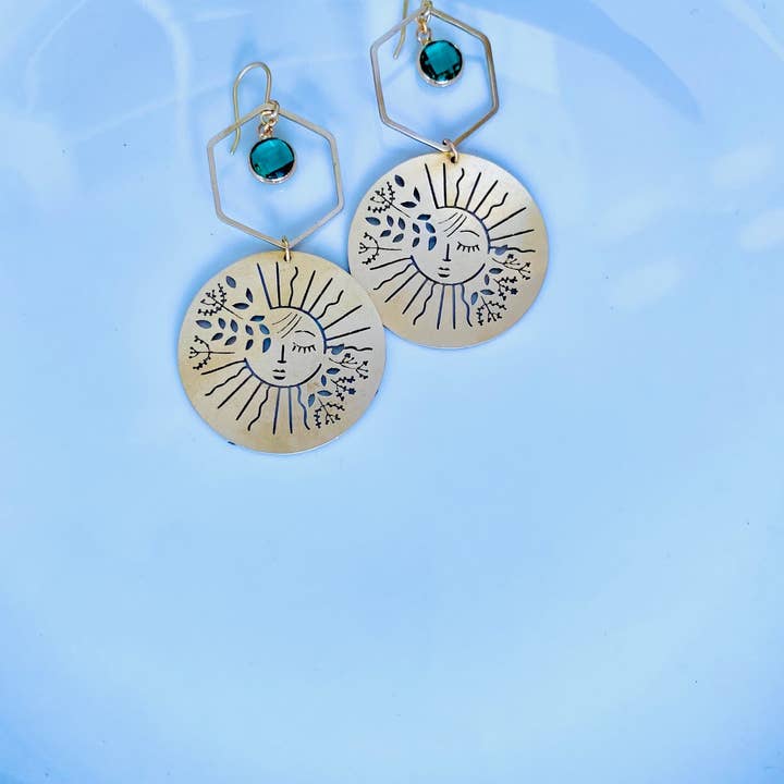 Moxie Collective (formerly Atonement Design) - Wholesale Dangle Earrings - Brass Garden Sun Earrings in Sea Green3