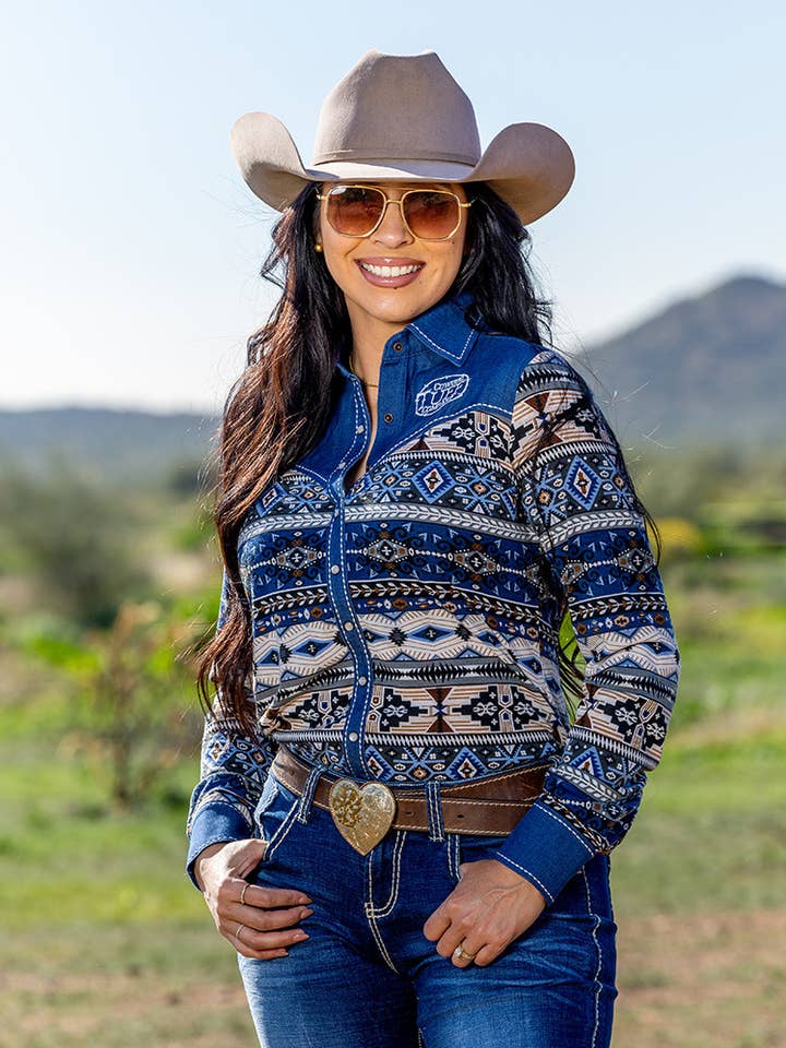 Aztec Denim Jersey Pullover med knapper i medium stretch for engroshandel hos Cowgirl Tuff Co. / B. Tuff Jeans