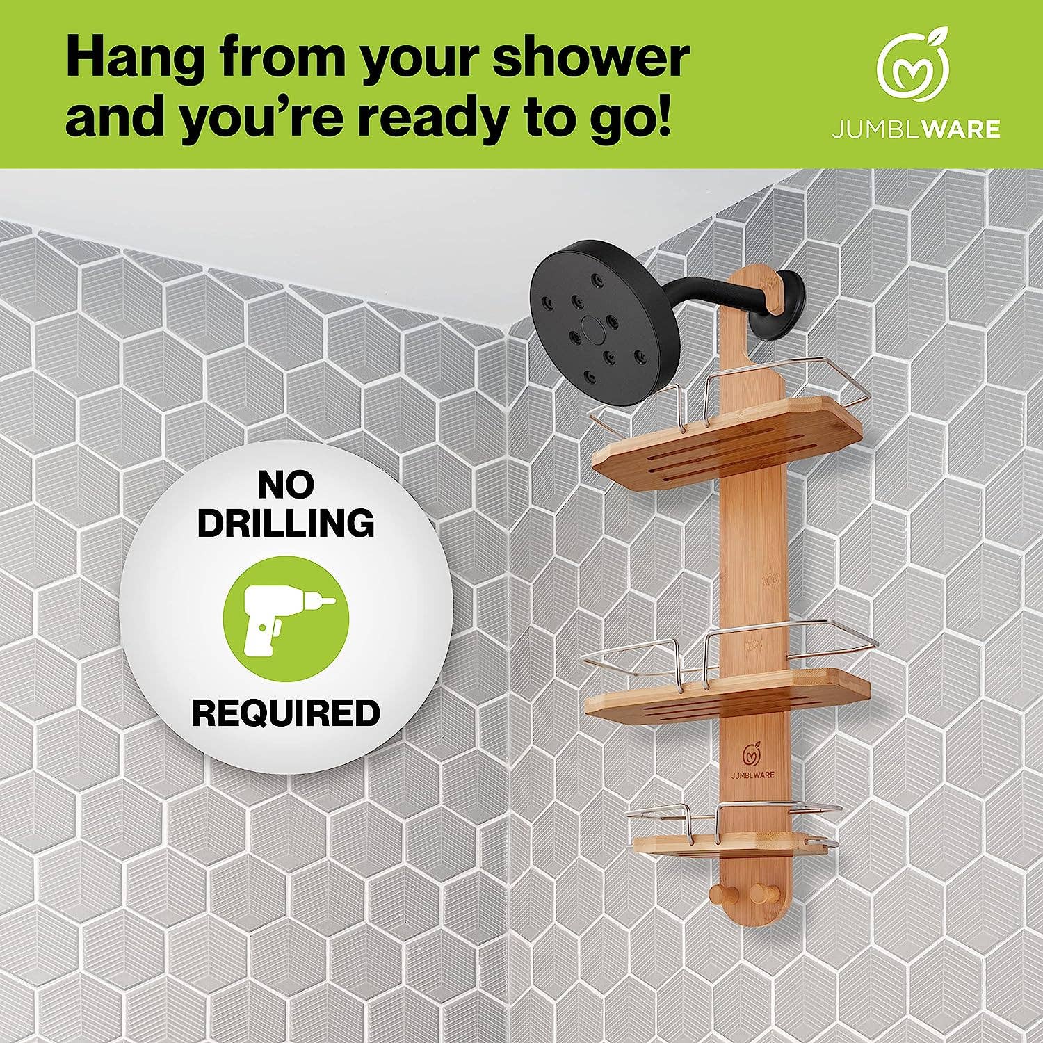 Jumbl - Vendita all'ingrosso Carrelli da bagno - Carrello da doccia in bambù, organizer da appendere per doccia a 3 livelli6