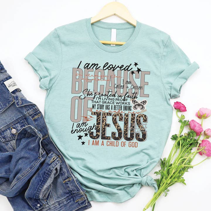 Because of Jesus Tee for wholesale by Love in Faith