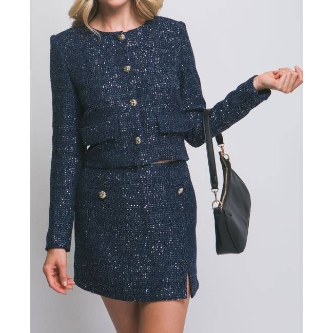 Round Neck Sequin Tweed Jacket for wholesale by Paperdoll