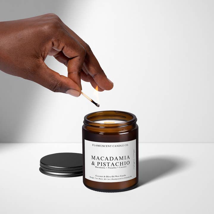 Flame2scent Candle Co. - Wholesale Jar/Filled Candle - Macadamia & Pistachio - 7oz Amber Jar Coconut Wax Candle1