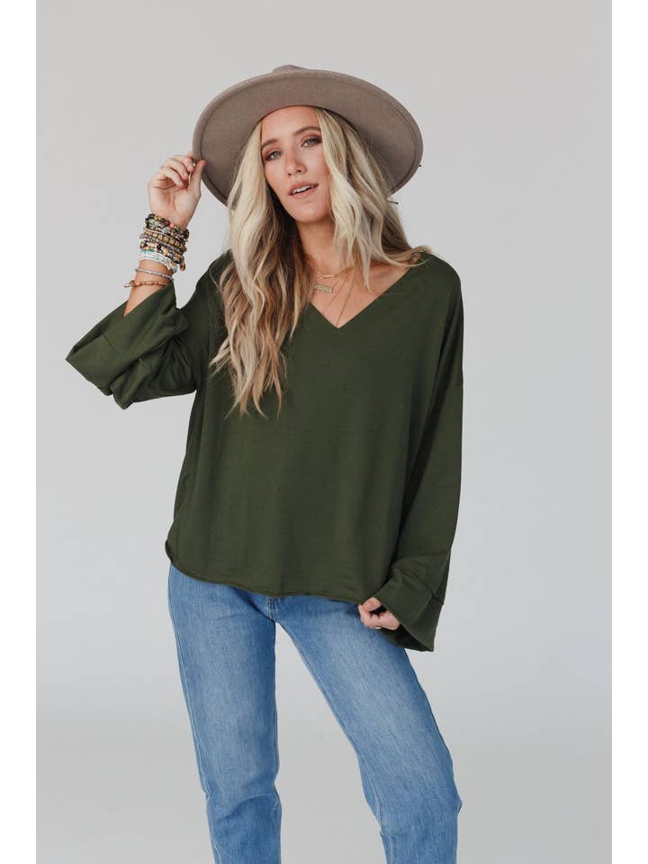 Three Bird Nest - Wholesale Knit Sweater - Women's - Love It V Neckline Sweater Top - Olive1