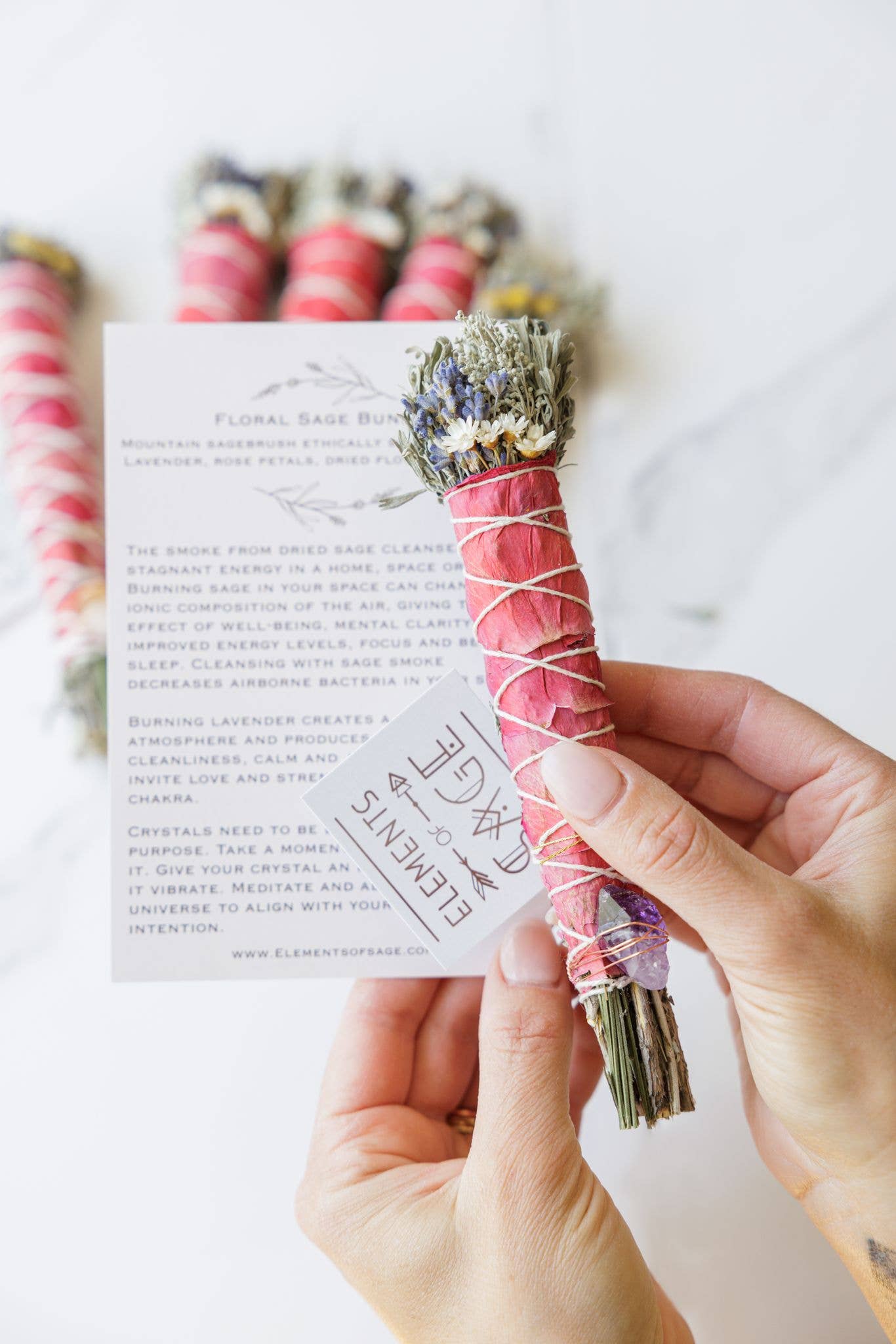 Elements of Sage - Wholesale Sage Bundle - Floral Sage Bundle with crystal, label & info card.2