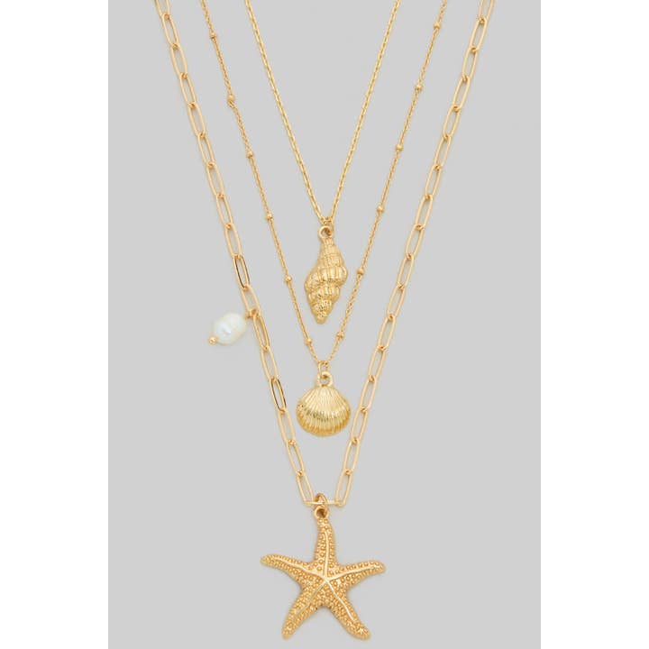 Girly - Wholesale Link & Chain Necklace - SEA ANIMAL CHARMS LAYERED NECKLACE