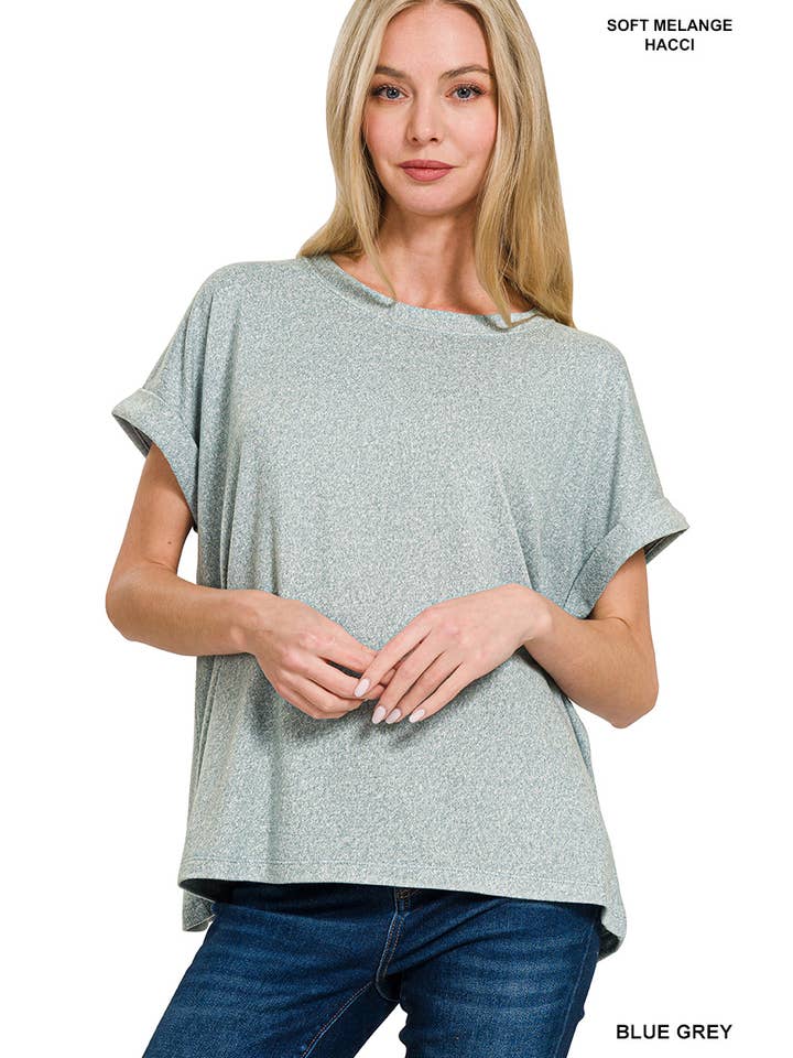 42POPS - Wholesale Knit Top - Women's - ", Soft Melange Folded Sleeve Round Neck Top