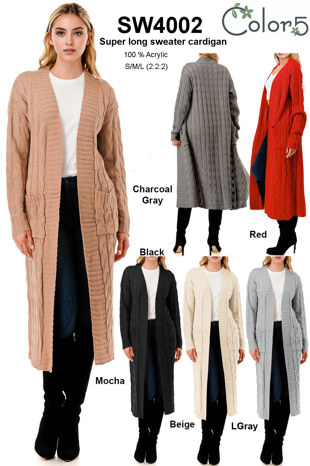 Color 5 – wholesale Cardigan – Women’s – Super long coat style sweater cardigan with side pockets7