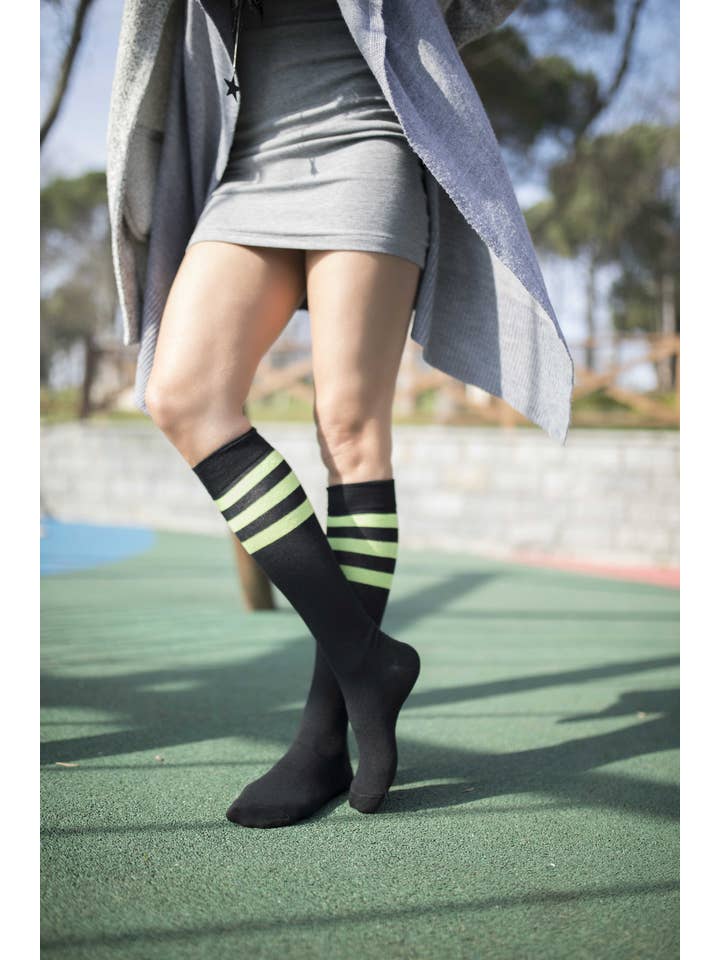 Socks n Socks - Wholesale Socks - Women's - Women's Black Lime Stripe Knee High Socks2