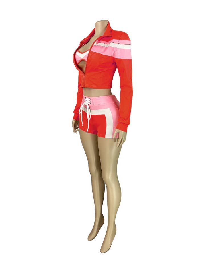 MB Fashion Wholesale - Wholesale Top & Short Set (NOT Loungewear) - Women's - MB FASHION Three-Piece Zip-Up Jacket, Crop Top, and Lace-Up Shorts Set 5029LY10