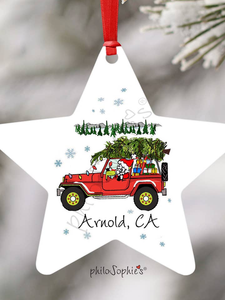 Adorno de Navidad con Nombre - Papá Noel en Jeep, Estrella para venta al por mayor de philoSophie's Stationery & Gifts