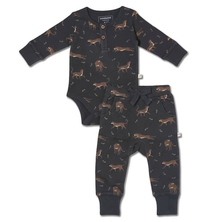 Makemake Organics - Wholesale Clothing Set - Baby - Organic Button Onesie & Pants Set - Leopard