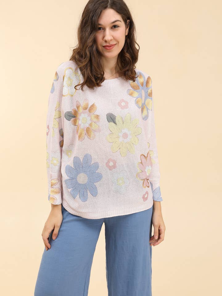 29F12H57-288 Gestrickter Pullover mit Rundhalsausschnitt und Blumendruck für den Großhandel von ZAFA PARIS