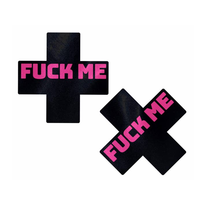 Plus 'Fuck Me' Black Cross on Neon Pink Base Nipple Pasties for wholesale by Pastease®