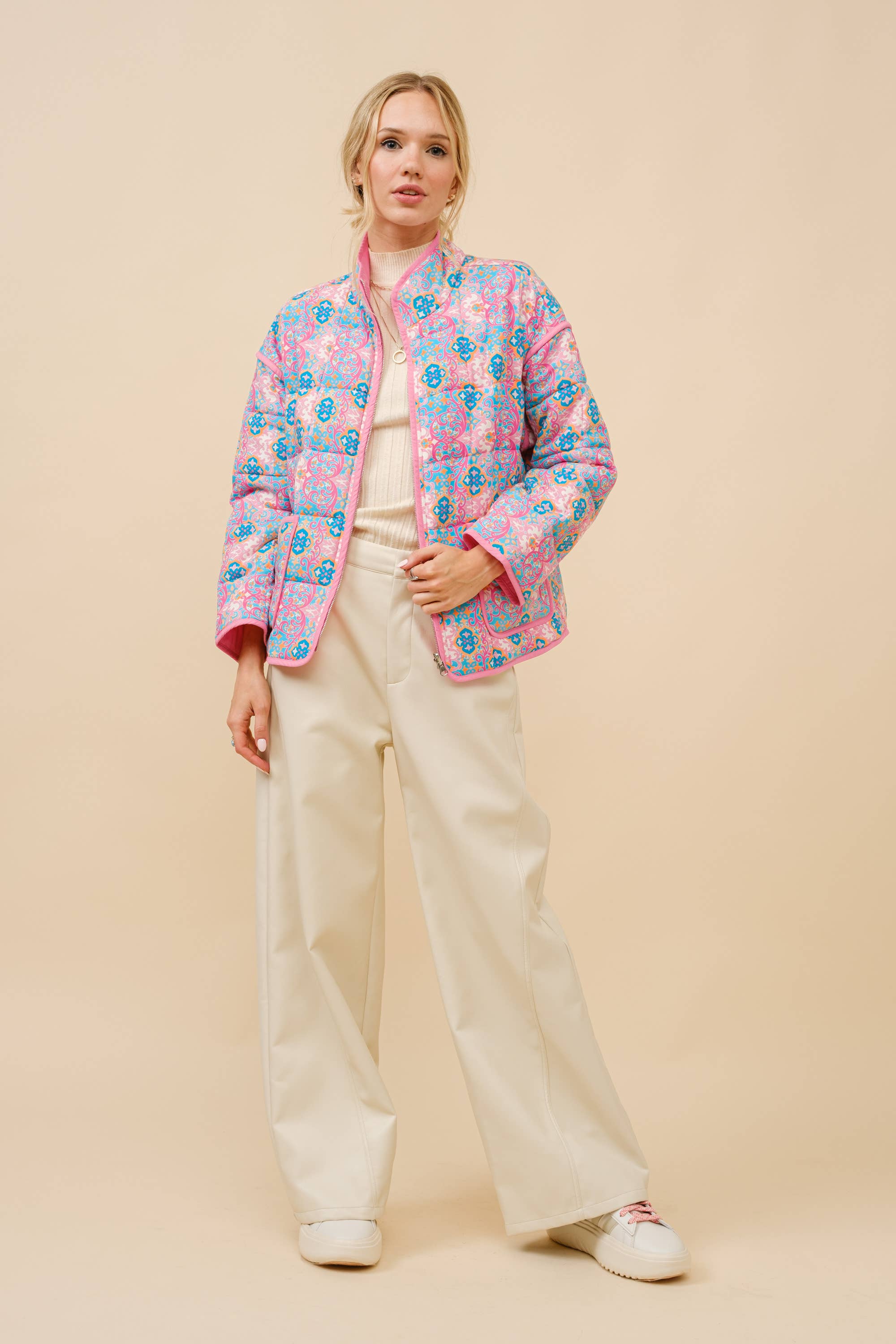 PINK BLUE 35044J - Rayon Challis Floral Reversible Quilted Jacket for wholesale on Faire6